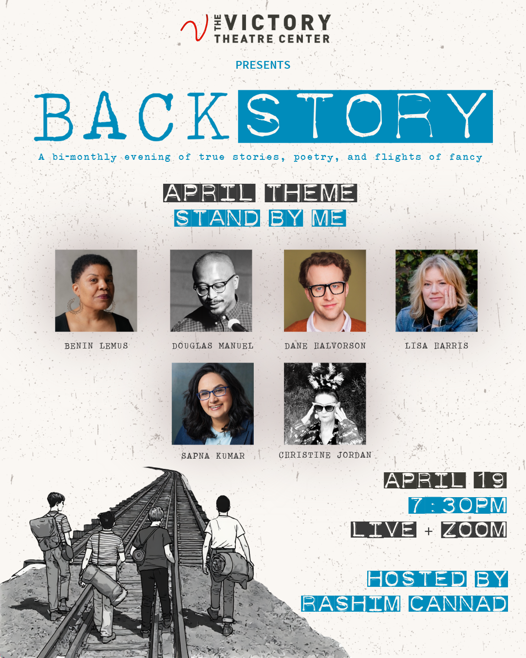 Poster with headshots for April performance of Stand by Me with Backstory at the Victory Theatre Center in Burbank, CA